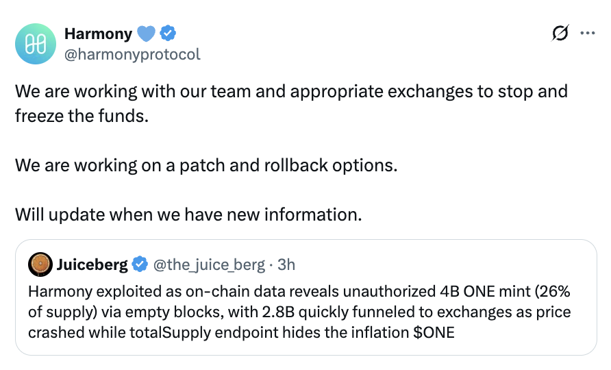 Cointelegraph's tweet photo. 🚨 ALERT: Harmony Protocol exploited via an unauthorized 4B ONE mint, with 26% of supply minted and 2.8B funneled to exchanges as price crashed. 

The team says it's working with exchanges to freeze funds and prep a patch. https://t.co/92dsHjsv6M
