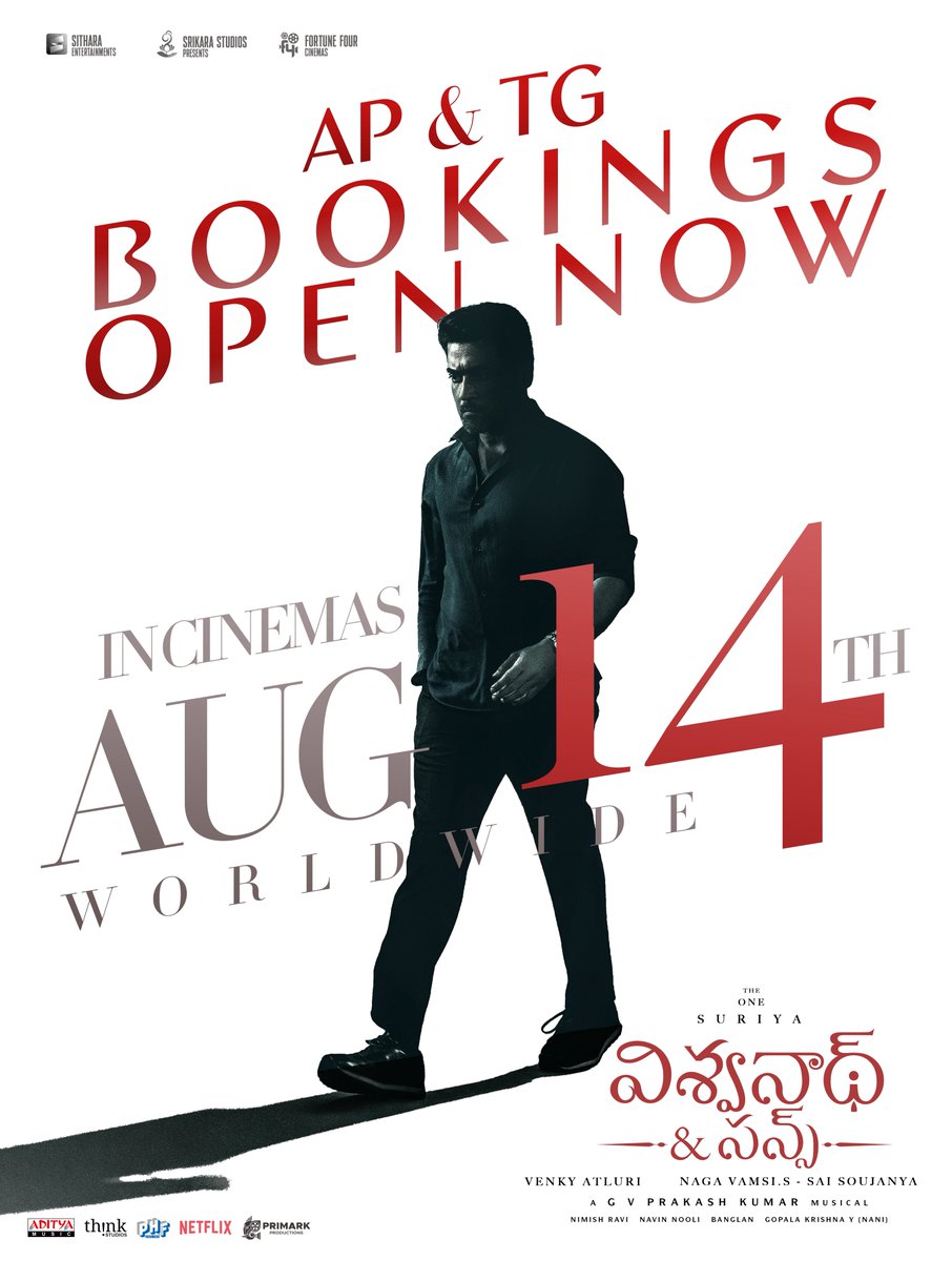 SitharaEnts's tweet photo. The doors are officially open for #VishwanathAndSons 💥💥

AP & TG BOOKINGS ARE NOW OPEN ❤️‍🔥❤️‍🔥

Get ready to welcome Sanjay Vishwanath to the big screens this August 14th 🫶🏻🫶🏻

#VASonAUG14th 
@Suriya_offl #VenkyAtluri @_mamithabaiju @realradikaa @TandonRaveena @gvprakash @vamsi84 @NavinNooli @NimishRavi @Banglan16034849 @balajesaar #SaiSoujanya @ynakg2 @SitharaEnts @Fortune4Cinemas #SrikaraStudios @ThinkStudiosInd @adityamusic @PrimarkProd @PharsFilm