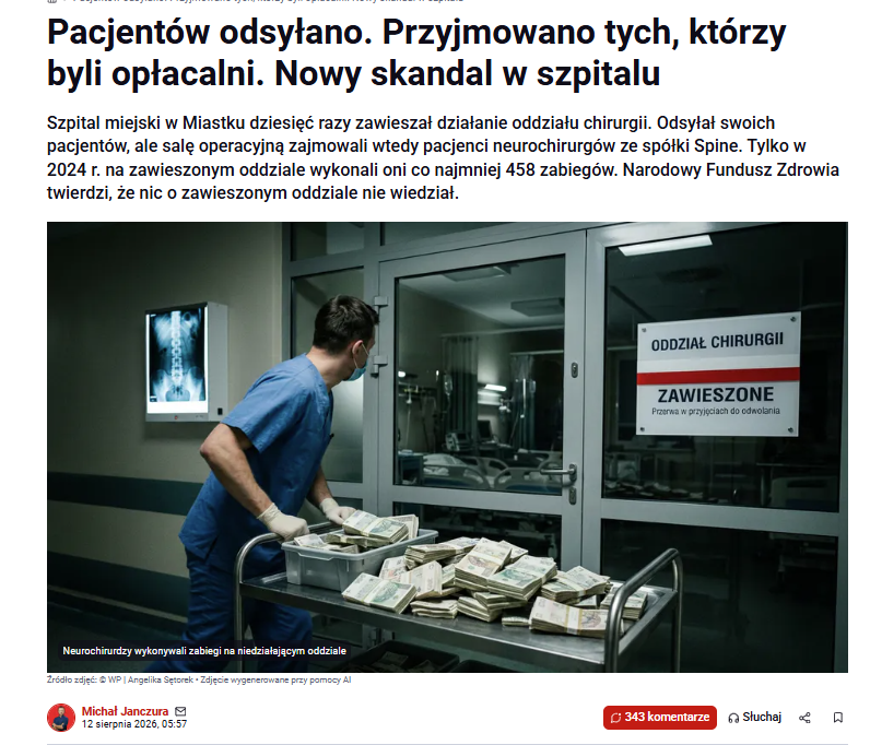 jan_czura's tweet photo. ‼️Co najmniej 458! zabiegów wykonali na nieczynnym oddziale w Miastku, neurochirurdzy ze spółki Spine. (To tu mogli wystawiać rachunki ponad 300 tysięcy dniówki) 

⚠️Szpital rozsyłał swoich pacjentów do innych placówek, a tylnymi drzwiami wpuszczał tych "bardziej opłacalnych", których przyciągali neurochirurdzy 
⚠️Wojewoda twierdzi, że dowiadywali się o wtrzymaniu działalności oddziału po fakcie!
⚠️NFZ nic o zawieszeniu nie wiedział! Nie dziwiło ich nawet to, że całym miesiącami na oddziale wykonywano wyłącznie jeden zabieg 🙆‍♂️
⚠️Szpital zawieszał oddział powołując się na "siłę wyższą" wykorzystując kruczek z ustawy. Tylko nikt nie wie jaka to była ta siła wyższa (poza brakiem lekarzy) 
⚠️Owa siła wyższa wystąpiła tylko na tym oddziale 10 razy w ciągu 14 miesięcy! 

❌zadłużony szpital za nieprawidłowości przy rozliczaniu neurochirurgów dostał 13 milionów kary 
❌od pierwszego sierpnia placówka przestała funkcjonować! Koniec!