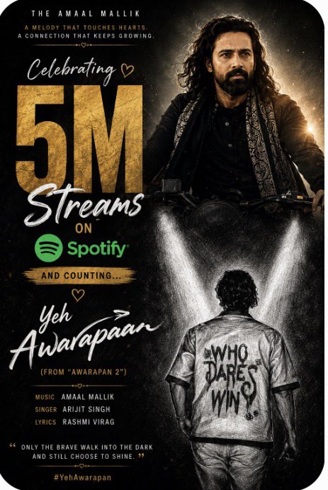 Sarah_Tbz's tweet photo. 5 MILLION STREAMS!!! 🥹💚🔥
Yeh Awarapan has crossed 5M Spotify streams! A beautiful milestone for @AmaalMallik s melody. 🎶✨

5M and counting. Keep streaming! 🚀💚
#YehAwarapan #AmaalMallik #Awarapan2 #Amaalians

https://t.co/8115BbkAZH https://t.co/NP2pFAcxu2