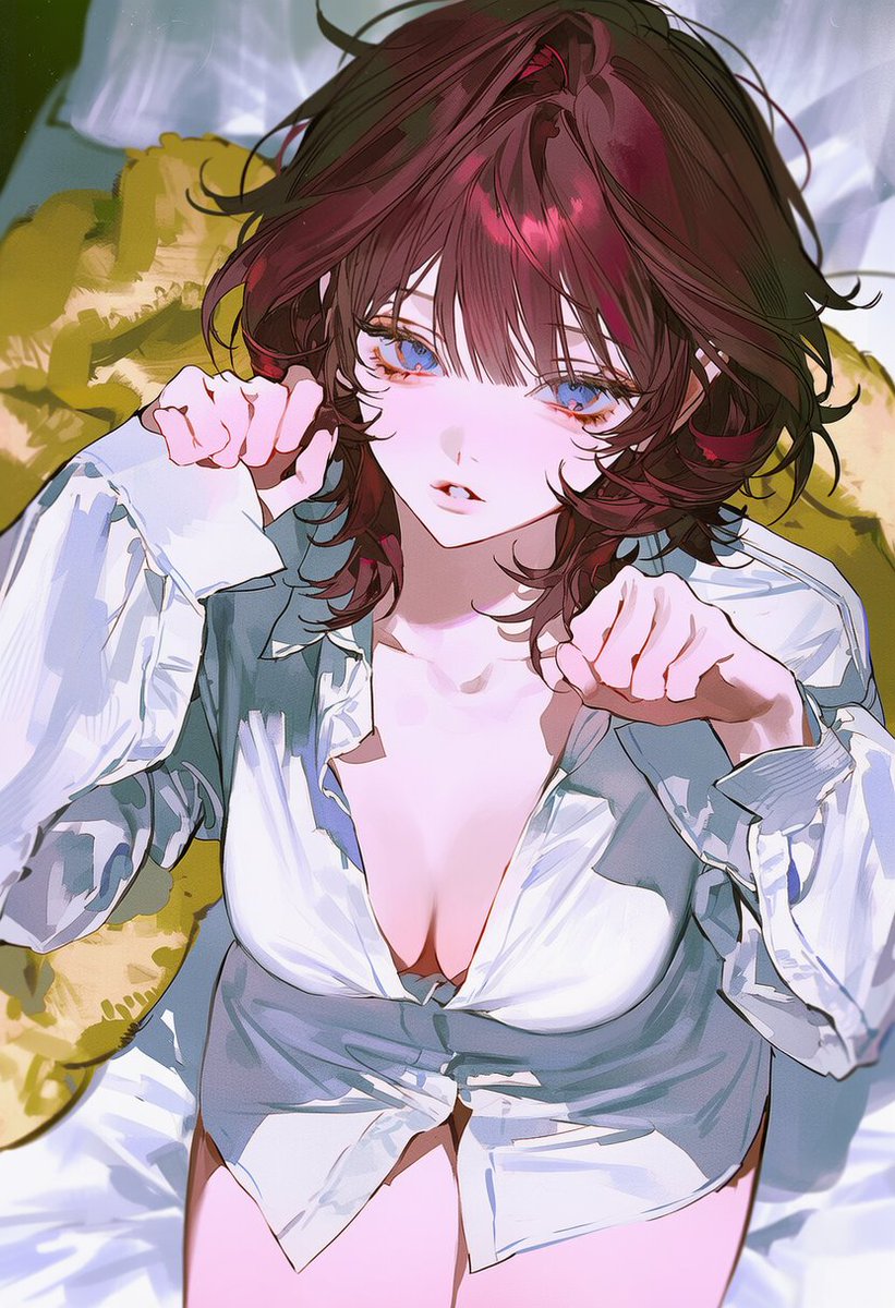 9ookwa's tweet photo. 3::high angle::,
upper body, sit, from above, front view,
paw pose, both hands raised near face,
half-closed eyes, sleepy, parted lips, looking at viewer,
1.3::white oversized dress shirt::, long sleeves, sleeves past wrists, loosely unbuttoned collar, collarbone,
white bedsheet, cream colored blanket, wrinkled fabric,
bedroom, soft morning light, warm diffused lighting, blurry background,
depth of field