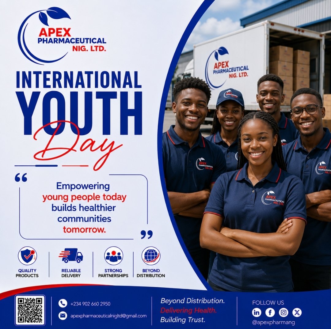 MujahidIsmaill's tweet photo. INTERNATIONAL YOUTH DAY!
Empowering young people today builds healthier communities tomorrow.
Apex Pharma, Beyond Distribution. Delivering Health. Building Trust. 
#InternationalYouthDay #youthdevelopment #YouthEmpowerment https://t.co/rRQkBZHyCZ