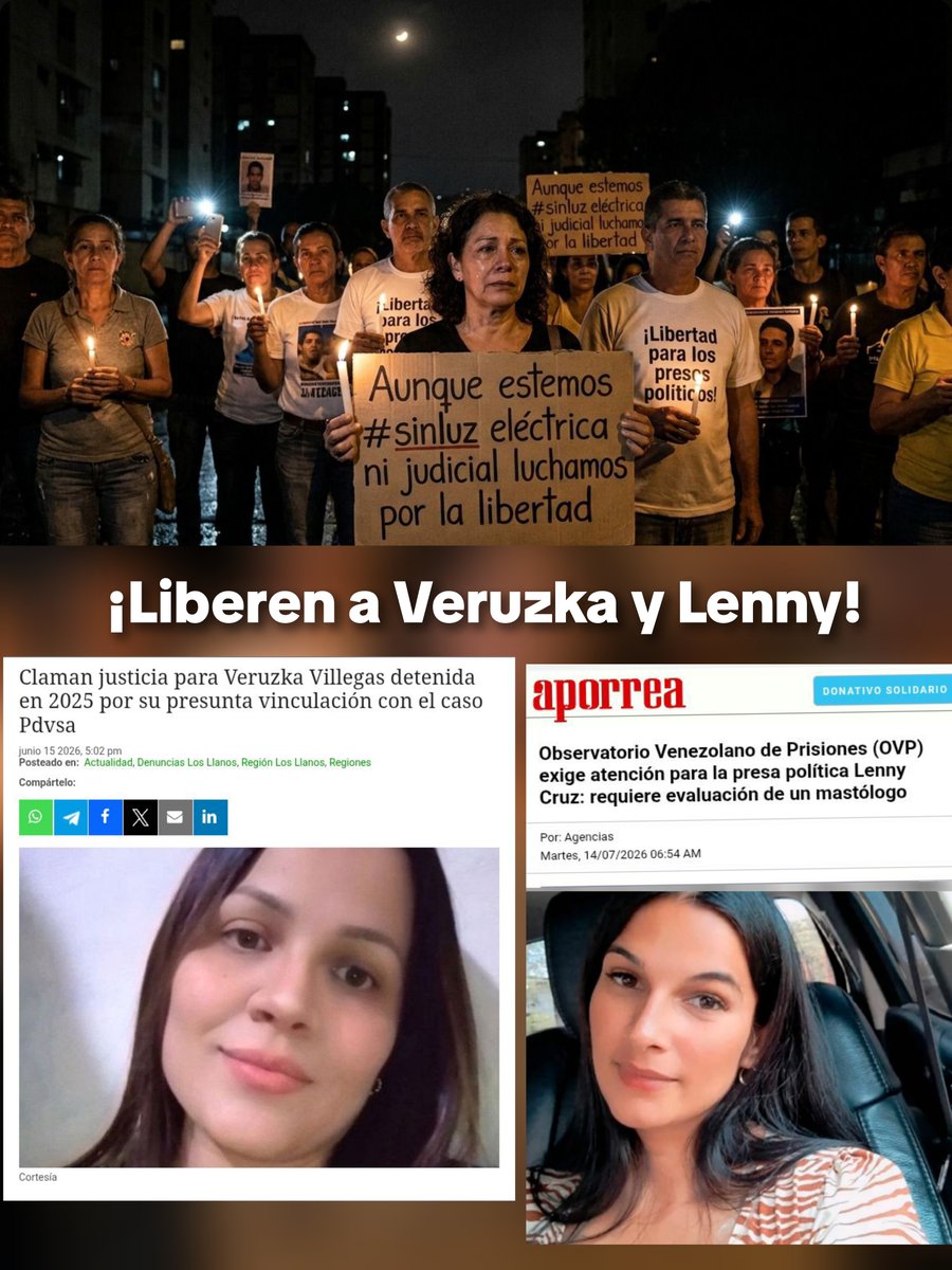 vivassantanaj_'s tweet photo. ¡Atención! ¡Aunque estemos #sinluz eléctrica y también sin luz jurídica, la lucha no se detendrá!  Me informan que se preparan nuevas liberaciones de presos políticos. La lista es larga y son muchos los familiares que han luchado por la libertad de sus seres queridos. La libertad debe ser para todos y sin condiciones. Espero que Veruzka Villegas y Lenny Cruz, mujeres jóvenes, con niños pequeños y afectadas en su salud, sean parte de este nuevo lote de liberaciones, donde reiteramos no debe haber excepciones de hombres, mujeres, civiles y militares ¡Libertad para Veruzka y Lenny! Libertad para los presos políticos