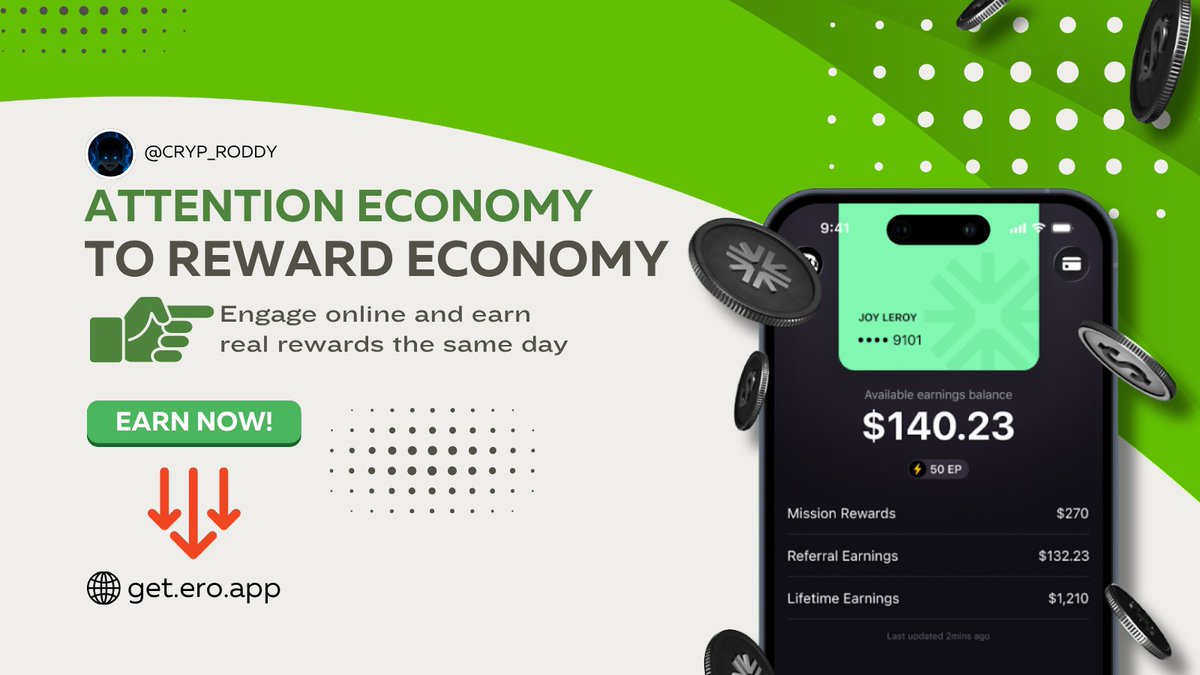 cryp_roddy's tweet photo. The internet has always completed for our attention.
But what if attention become something worth rewarding? 👀

That's the idea behind @earnos_io &amp; Ero App: "Turning meaningful brand engagement into real rewards."

From ATTENTION ECONOMY → REWARD ECONOMY

#EarnOSWay #EroApp https://t.co/W1sYgpRwjX