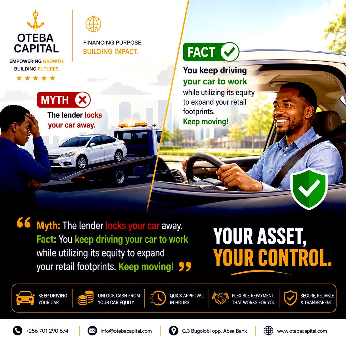 OtebaCapital's tweet photo. Myth: The lender locks your car away. 
Fact: You keep driving your car to work while utilizing its equity. #yourassetyourcontrol #otebacapital #gotosolution #yourfinancialanchor 

Tap the link below to get started. 

https://t.co/yklZGQYnAZ https://t.co/DeeOnVkdfE