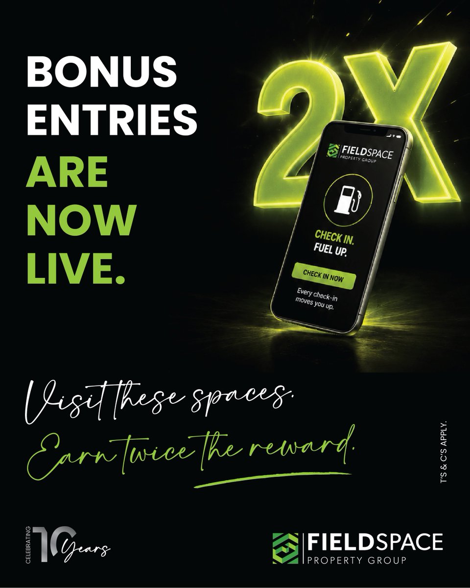 FieldspaceProp's tweet photo. 🚨 DOUBLE ENTRIES ARE LIVE!

Some Fieldspace spaces are now worth 2 entries when you check in.

View. Scan. Submit. Earn twice.

Get yourself up the leaderboard and closer to up to R5 000 in fuel. ⛽

Up to 5 double-entry check-ins. T&amp;Cs apply.

#Fieldspace #BrokerCheckIn https://t.co/j986okdxWh