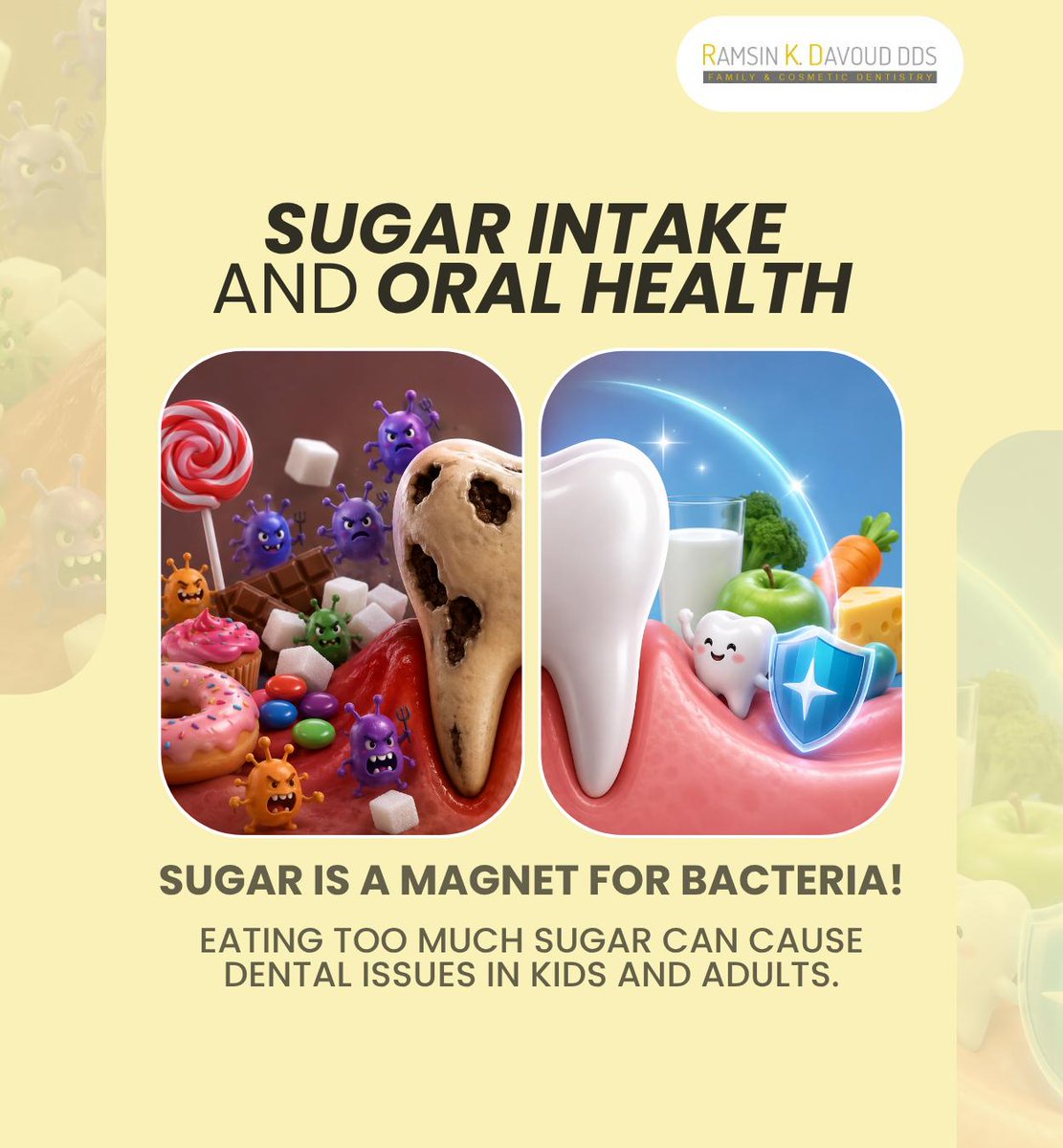 RamsinDavoudDDS's tweet photo. Sugar is found in many foods, and eating too much sugar leaves a sticky residue behind on your teeth that saliva cannot wash away. Make sure to brush and floss properly after eating sugary foods to protect your teeth
#healthyteeth #dentalcare #dentistry #turlock #CA #rkddentistry https://t.co/iyMQ25Ovag