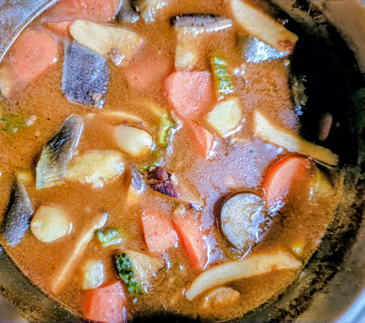 qjbJaTPk8u26S0a's tweet photo. ナス、ニンジン、エリンギ、ジャガイモ、合挽き肉でスープカレー。野菜整理？ https://t.co/82t2MYvqUH