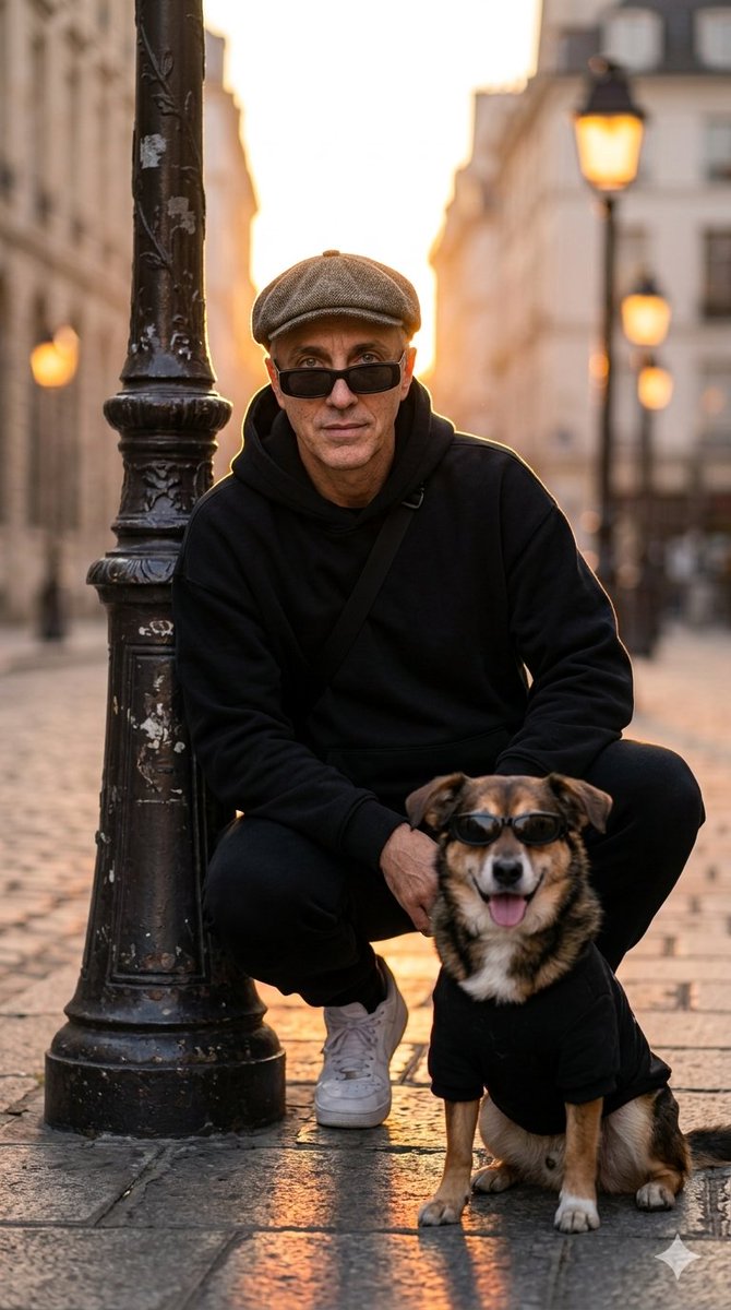 garden_antony's tweet photo. Cinematic golden-hour street portrait of a stylish middle-aged man kneeling beside his small mixed-breed dog on a historic cobblestone avenue, man wearing a brown flat cap, black hoodie, slim black sunglasses and white sneakers, crossbody strap visible, calm confident expression, dog wearing tiny black hoodie and matching sunglasses, tongue out, playful and loyal; composition vertical, low-angle three-quarter view, subject slightly off-center next to an ornate weathered lamppost with chipped black paint, leading lines of cobbles and blurred historic buildings receding into warm bokeh; dramatic rim backlight from setting sun creating a soft halo, subtle lens flare, warm orange-gold highlights and deep but not crushed shadows; shallow depth of field, creamy background bokeh with street lamps as soft orbs; high-detail skin texture and fur, natural skin tones, crisp catchlights in eyes, gentle film grain, slight vignette, cinematic color grade with warm highlights, neutral midtones and rich blacks, realistic photorealistic style, high resolution, balanced exposure, intimate candid mood.