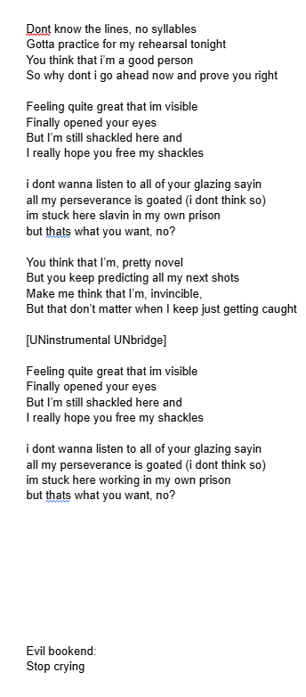 dbubble46's tweet photo. i made these lyrics last night for evil memorized and evil bookend. i finished them at 12 am. they are terrible. but i need to post something so here you go https://t.co/MPsyM5Ervl
