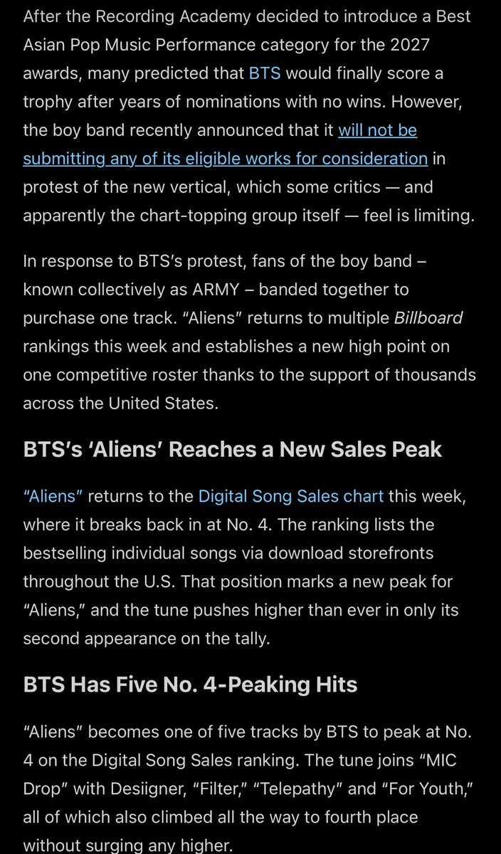 orul8ce's tweet photo. Forbes article 👀👀👀🔥👏

BTS fans Army💜 propelled “Aliens” back onto multiple Billboard charts after the group announced it would not submit its music for Grammy consideration in protest of the new Best Asian Pop Music Performance category🔥🔥🔥👏. 

The single returns to the Digital Song Sales chart at a new peak of No. 4, giving BTS two top five hits on the roster alongside “Normal” at No. 2.🔥🔥👏

https://t.co/x6DLME8TYk