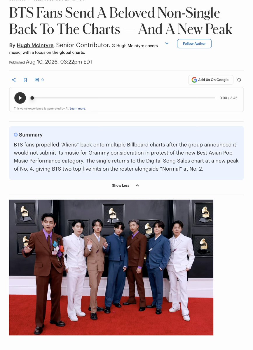 orul8ce's tweet photo. Forbes article 👀👀👀🔥👏

BTS fans Army💜 propelled “Aliens” back onto multiple Billboard charts after the group announced it would not submit its music for Grammy consideration in protest of the new Best Asian Pop Music Performance category🔥🔥🔥👏. 

The single returns to the Digital Song Sales chart at a new peak of No. 4, giving BTS two top five hits on the roster alongside “Normal” at No. 2.🔥🔥👏

https://t.co/x6DLME8TYk