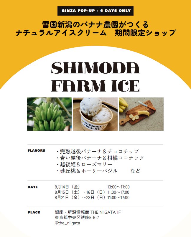 the_niigata's tweet photo. ＼東京銀座に、新潟生まれのアイスクリームが大集合🍨／

雪国育ちの南国フルーツ「越後バナーナ」で知られるSHIMODAFARMのアイスクリームを期間限定で販売いたします❣️

素材本来のおいしさを大切にした、新潟生まれの特別なアイスクリーム😌🍨
規格外のバナナを使用した「完熟越後バナーナ&チョコチップ」をはじめ、「青い越後バナーナ&柑橘ココナッツ」「高柳ヨモギ&キャラメル」など、個性豊かな全5種類をご用意しました🙌
暑い夏にぴったりの贅沢なスイーツを、ぜひ銀座でお楽しみください☺️⭐️
 
👀「越後バナーナ」についてもっと詳しく👀↓
https://t.co/ygZ3gusziV

=============================

🍨販売日時
【第1弾】
8月14日（金）・15日（土）・16日（日）
11:00start～17:00close.
※14日（金）は準備出来次第（13:00頃～）販売開始​

【第2弾】
8月21日（金）・22日（土）・23日（日）
11:00start～17:00close.

🍨販売場所
銀座・新潟情報館 THE NIIGATA 1Fショップ​

🍨販売価格（税込）
・シングル 600円
・ダブル 850円

※売り切れ次第終了となります。
※内容は変更となる場合がございます。予めご了承ください。

皆さまのご来店を心よりお待ちしております💁‍♀️✨

#theniigata #新潟情報館 #アイスクリーム #shimodafarm #越後バナーナ