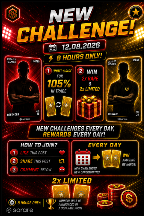 PawelTrader_'s tweet photo. 🚨 NEW CHALLENGE IS LIVE! 🚨

⏰ 12 HOURS ONLY!
📅 12.08.2026

💱 Trade your Limited & Rare cards for 105% value!
🎁 Rewards:
🏆 2x Rare Cards
🏆 2x Limited Cards

❗️FREE GIVEAWAY❗️
   2x Limited Card
✅ Like this post ♥️
🔁 Repost
💬 Comment your Sorare username
🎲 Winners will be selected randomly after the challenge ends. Good luck everyone!

#Sorare #SorareNFT #FantasyFootball #Football #NFT #Giveaway #TradingCards