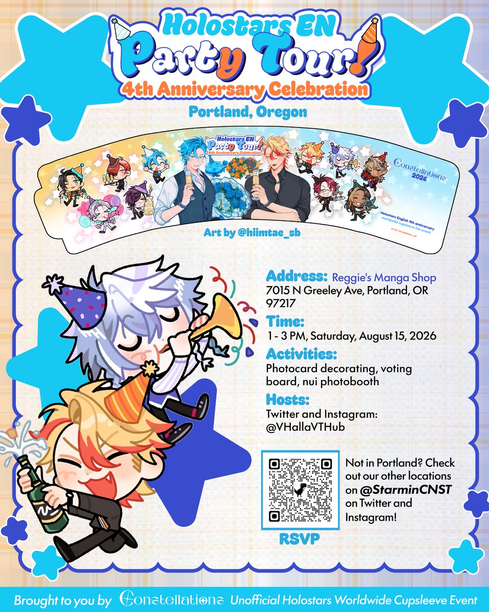 VHallaVTHub's tweet photo. In just a few days we will be celebrating Holostars EN's 4th anniversary!  Come down to Reggie's Manga Shop, grab a drink or book and get a complimentary cupsleeve with art by @hiimtae_sb!

Make sure to take pictures and share them on social media using Constellations special tag #HSOshikatsu or #HSOshikatsu_Portland

We can't wait to see all our PNW starmin! 🧡💙