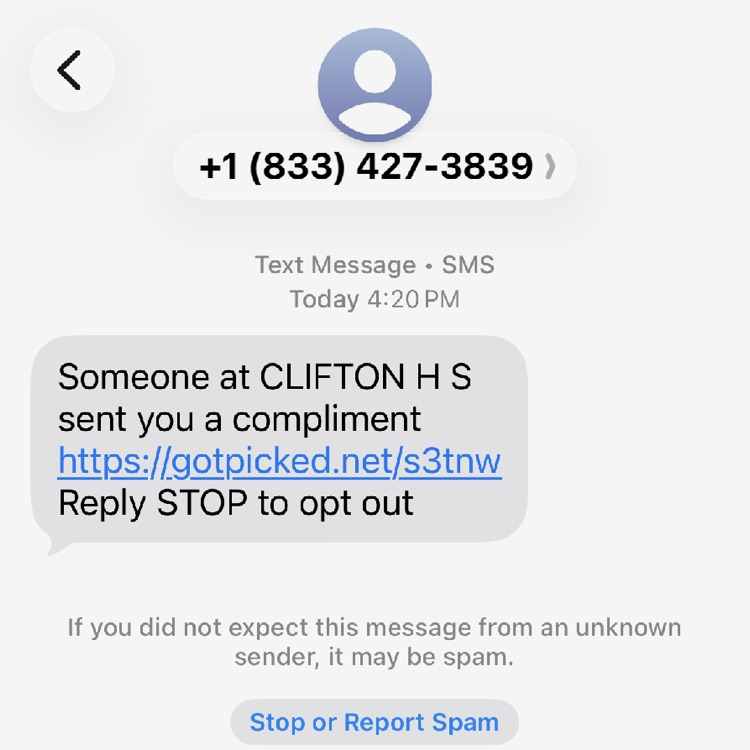 Cubs_ES's tweet photo. We have been made aware that people are receiving text messages stating that someone at Clifton HS has sent them a compliment. These are spam messages and are not associated with Clifton HS or Clifton ISD. Report the message as spam and do not click the link. https://t.co/jIZgssR12E