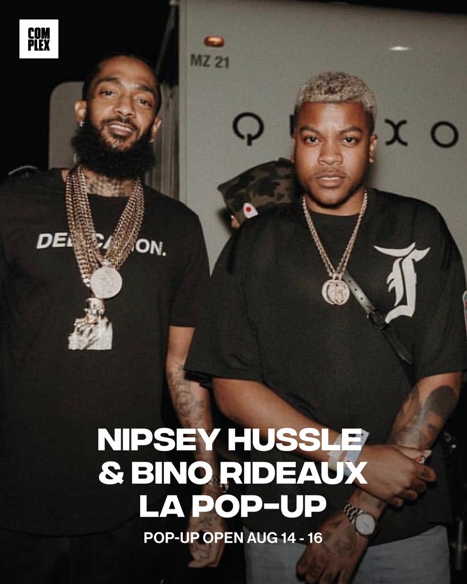 complex_shop's tweet photo. Complex LA presents the Nipsey Hussle x Bino Rideaux Prolific Pop-Up.
Bino Rideaux will be in store for a meet & greet and signing on Friday, 4–6 PM. The @marathonburger food truck and Nipsey's A$I Truck will be outside throughout the weekend too.

RSVP here: https://t.co/j21Xhs6ylv