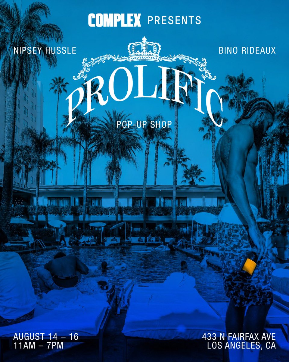 complex_shop's tweet photo. Complex LA presents the Nipsey Hussle x Bino Rideaux Prolific Pop-Up.
Bino Rideaux will be in store for a meet & greet and signing on Friday, 4–6 PM. The @marathonburger food truck and Nipsey's A$I Truck will be outside throughout the weekend too.

RSVP here: https://t.co/j21Xhs6ylv