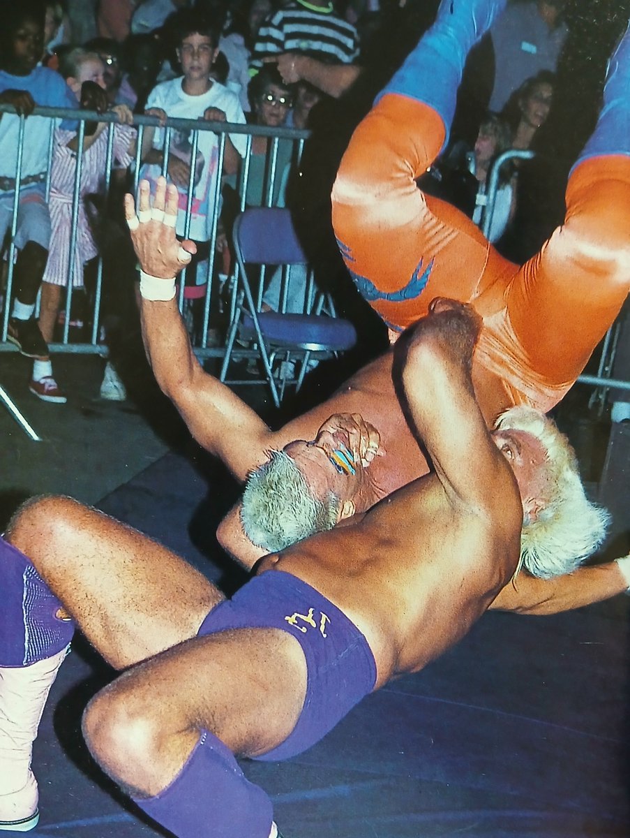 WrestlingIsKing's tweet photo. "Nature Boy" Ric Flair,suplexing Sting outside the ring during one of their many bouts,back in 1990. https://t.co/7XpdIgDuyj