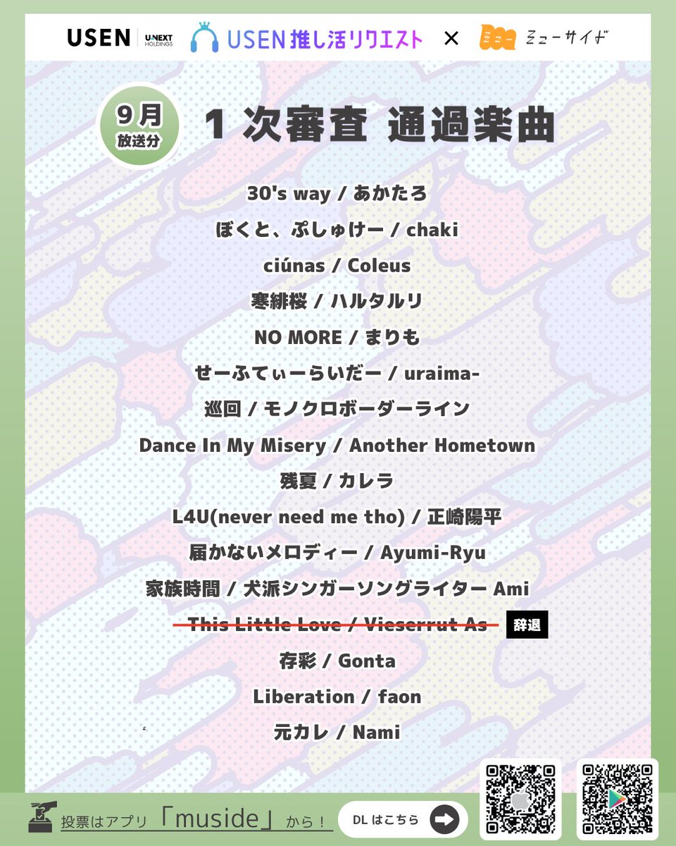 muside_'s tweet photo. 《9月放送分》🗳投票〆切まで1週間🗳

USENのミューサイド専用チャンネル
「muside×推しリク チャンネル」
にて放送する楽曲を決めるオーディション✨

大接戦の中間順位を発表します🔥
※上位8曲をチャンネルにて放送予定

musideアプリにて投票受付中💁

投票〆切⚠8月19日

@USEN_HITS https://t.co/fM4W5XGQA7