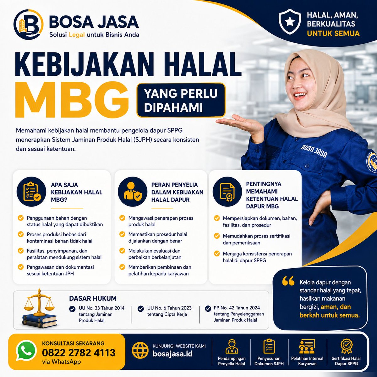 BosaJasa's tweet photo. Kebijakan Halal MBG bukan hanya soal bahan. ✅
Dapur SPPG juga perlu memperhatikan proses produksi, fasilitas, penyimpanan, Penyelia Halal hingga penerapan SJPH.
Butuh pendampingan Sertifikasi Halal MBG?
📲 0822-2782-4113
🌐 https://t.co/xNBCK5BiqV
#HalalMBG #SPPG #SJPH #BosaJasa https://t.co/9ucJxSLbli