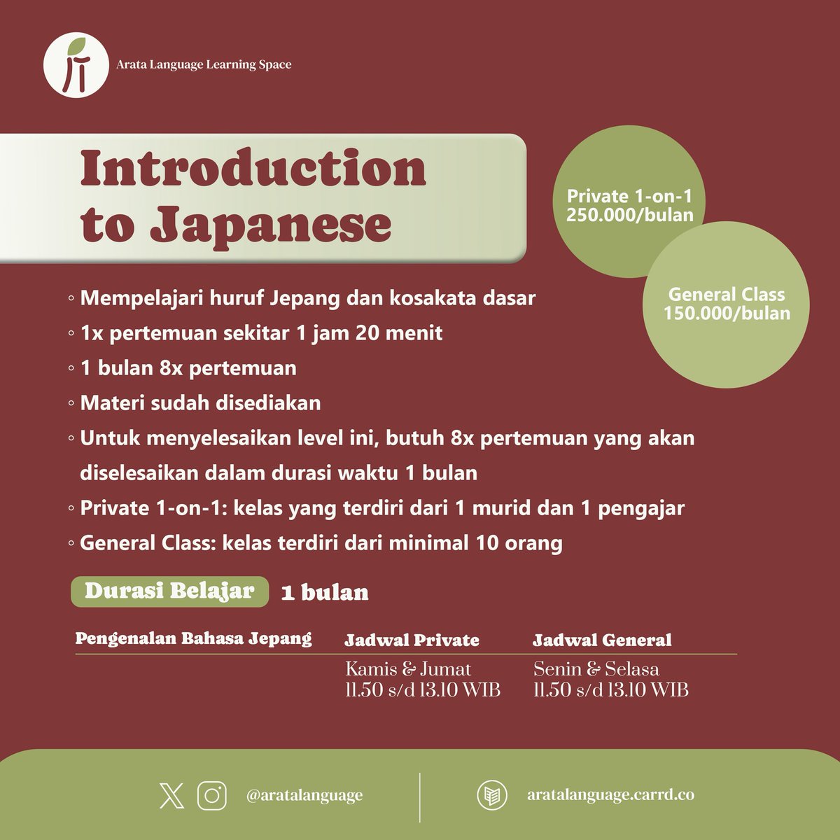 aratalanguage's tweet photo. こんにちは！
Yuk belajar/les bahasa Jepang!📕

🌸 Kelas dari 0 - N5 - N4 🇯🇵
🌸 Private 1-on-1 &amp; kelas umum 👥
🌸 Sensei punya N2, lulusan Sastra Jepang &amp; berpengalaman mengajar🎓

Untuk detail bisa scroll / cek https://t.co/xDII0wGifJ / DM ^^

t. #zonauang #zonaba https://t.co/ia9eLhCS1x