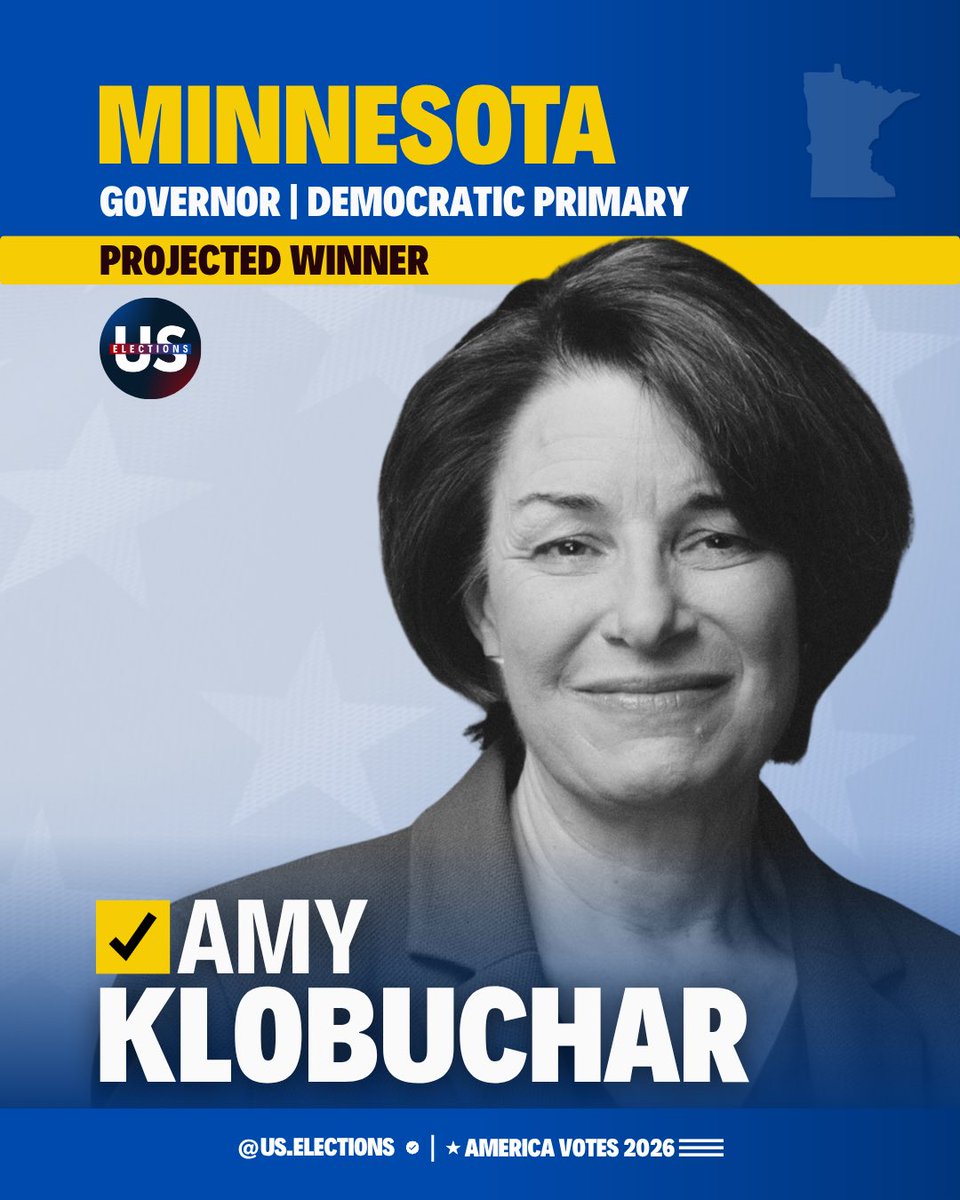 us_electionshq's tweet photo. ✅ Projection - @us_electionshq 🇺🇸
U..S. Senator Amy Klobuchar is projected to win the Minnesota Democratic primary for Governor. She defeats 6 other candidates.

She is seeking to succeed retiring two-term Gov. Tim Walz, who declined to run for a third term. https://t.co/bYCCGPV9gE