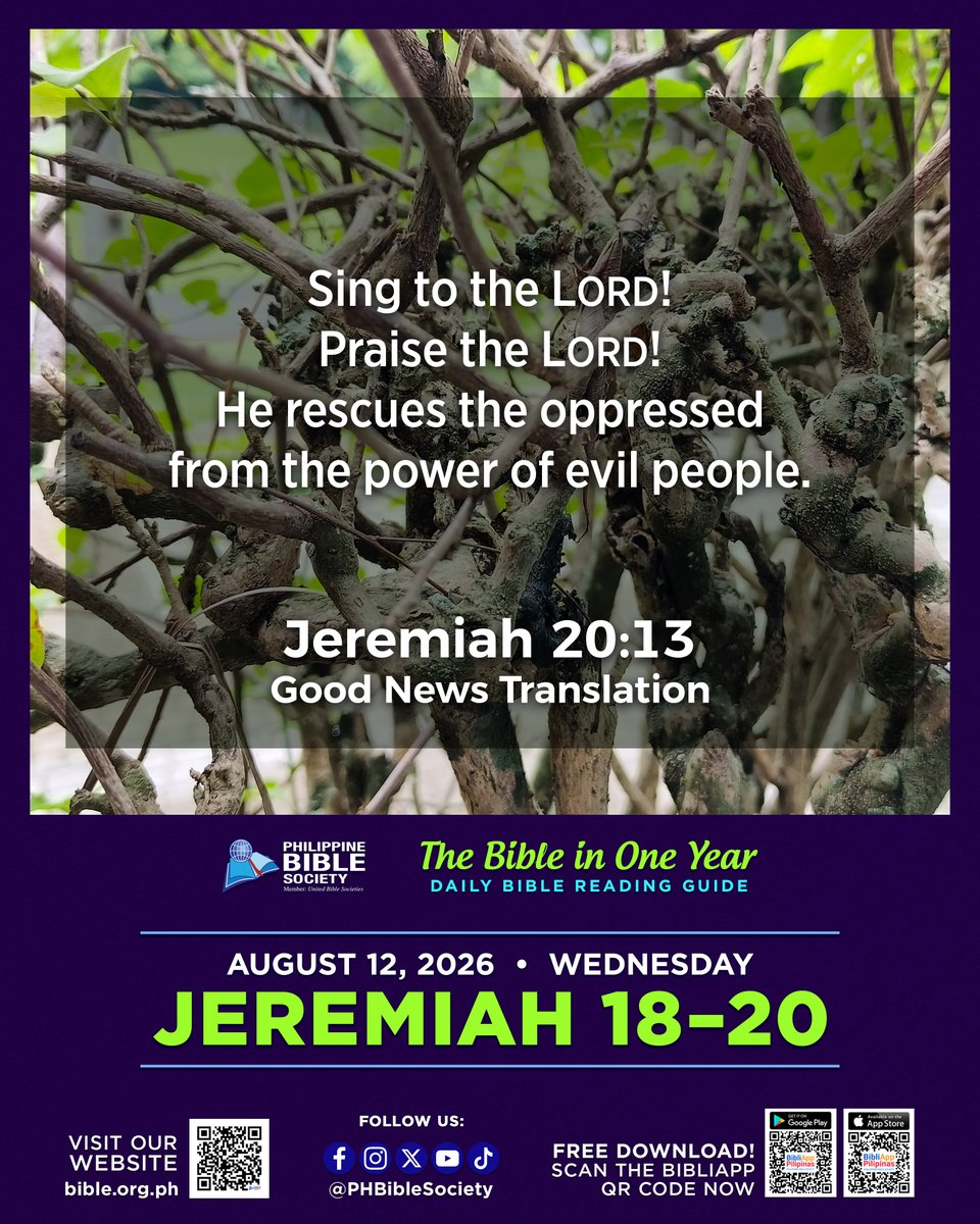 PHBibleSociety's tweet photo. Join us for a meaningful journey through the Word of God! Today's Scripture reading is from Jeremiah 18–20.
#DailyBibleReadingGuide
#PBS #PHBibleSociety https://t.co/qMhZyeNRiB