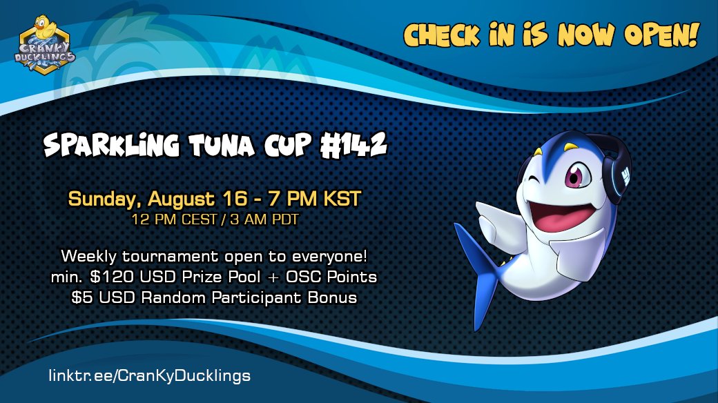 CranKyDucklings's tweet photo. ( * )< Check in for Sparkling Tuna Cup #142 is live! #STC #SC2
Open to everyone!

Confirm your participation or sign up -> https://t.co/ryMapud33w

Contact us on @Discord - https://t.co/cS1zoWlRNT

#StarCraft #StarCraft2 #StarCraftII #esports #RTS https://t.co/bz0yRgiKBp