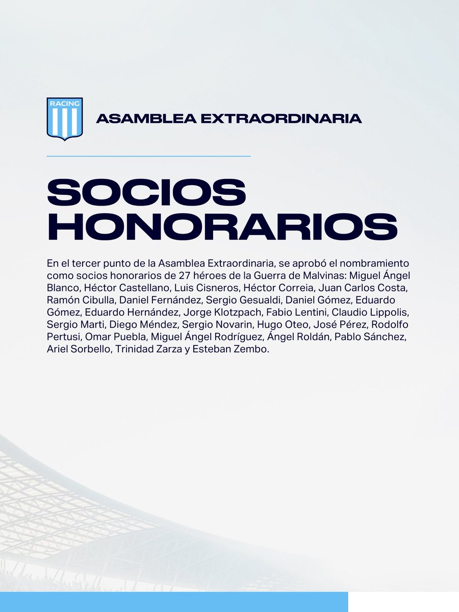 RacingClub's tweet photo. ℹ️ 𝗖𝗢𝗠𝗨𝗡𝗜𝗖𝗔𝗗𝗢

No fue aprobado el proyecto de reforma del artículo 11 del estatuto social del club debido a la abstención del bloque de representantes de la minoría. Por otra parte, la Asamblea de Representantes aprobó el nombramiento de socios honorarios de 27 héroes de Malvinas y el texto del estatuto de la Fundación Racing Club.
