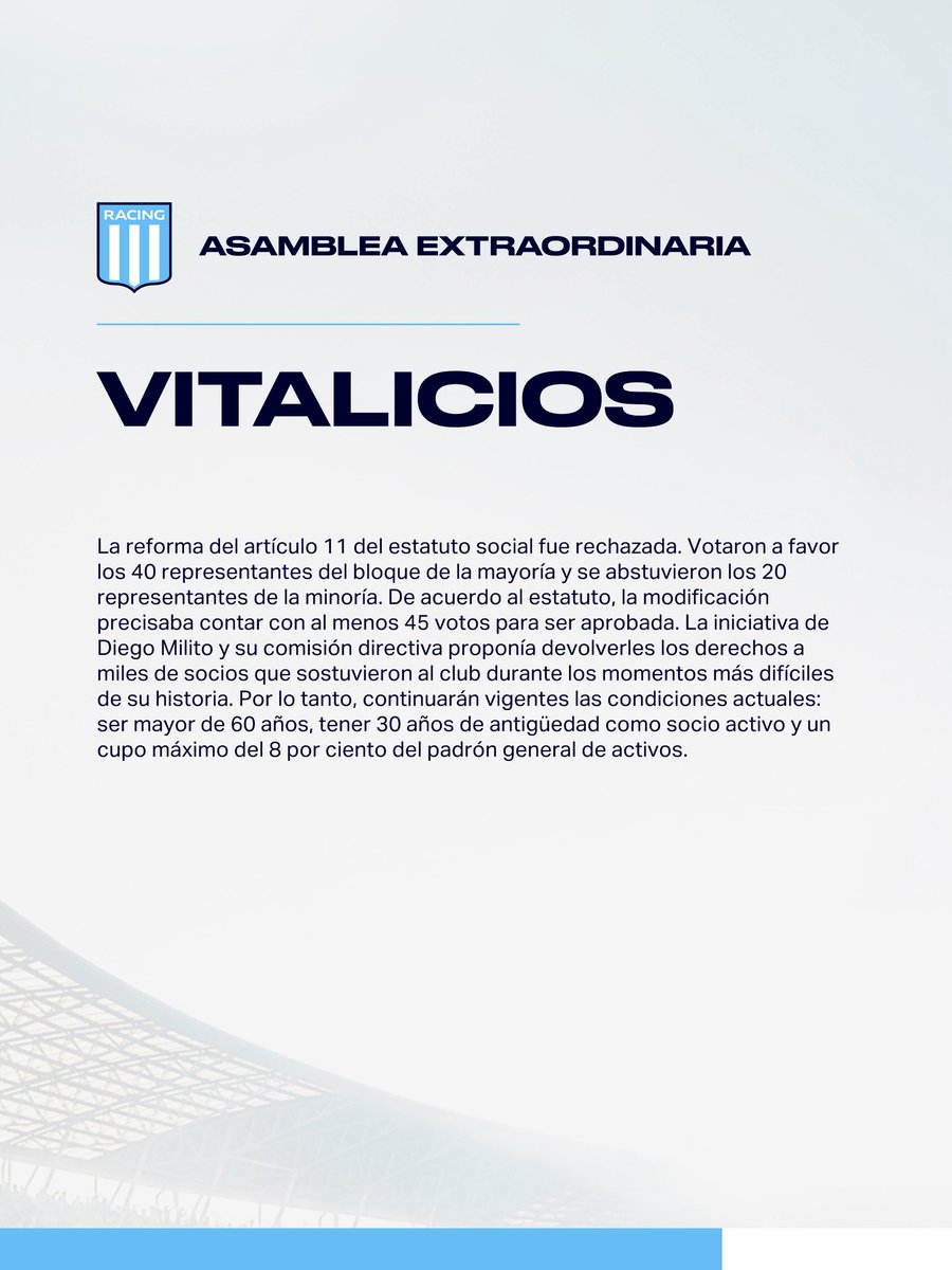 RacingClub's tweet photo. ℹ️ 𝗖𝗢𝗠𝗨𝗡𝗜𝗖𝗔𝗗𝗢

No fue aprobado el proyecto de reforma del artículo 11 del estatuto social del club debido a la abstención del bloque de representantes de la minoría. Por otra parte, la Asamblea de Representantes aprobó el nombramiento de socios honorarios de 27 héroes de Malvinas y el texto del estatuto de la Fundación Racing Club.