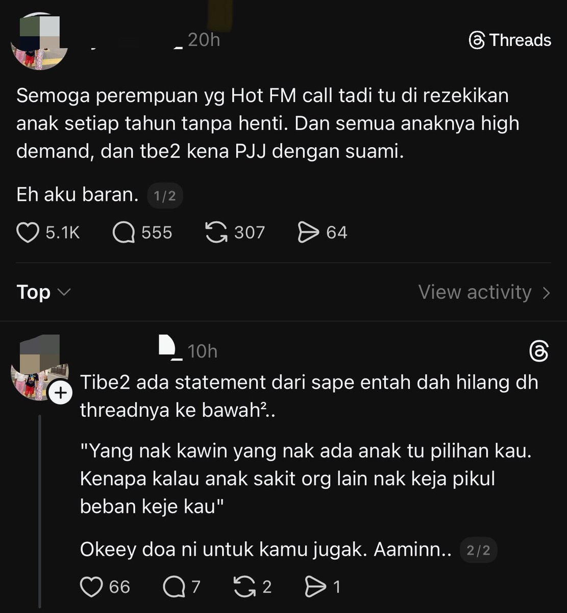 na_adf's tweet photo. I baru tahu cerita pasal caller hot FM yg bengang dgn coworker tu. My question is, kenapa some perempuan selalu sentap sendiri sedangkan isu tu tak melibatkan diri dia pun? 

Also;

Ni la contoh nya weaponising motherhood and singlism. Dia fikir, bila ada anak & dah jadi ibu, semua orang kena cater kepada kehendak dia. Seolah2 orang bujang tak ada life. Seolah2 hanya opinion ibu je yg penting, opinion orang lain tak penting sebab “kau tak tahu perasaan jadi ibu tu macam mana”.

Semoga kita dijauhkan la drpd menjadi orang yg suka menyusahkan orang lain