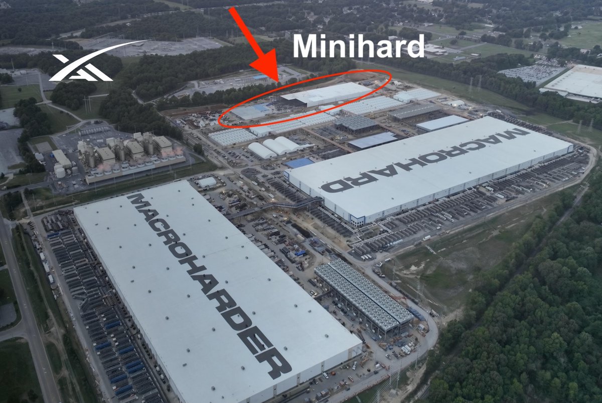 SawyerMerritt's tweet photo. In case you missed this from the new presentation, this smaller building is @SpaceXAI's new multibillion-dollar Minihard data center facility being built in Tennessee.

It'll house the same 220,000 Nvidia GB300 GPUs as the larger Macroharder building (bottom left of photo), but in a far denser configuration, allowing for a significantly smaller overall building footprint.

Tesla Megapacks will help provide power stability.