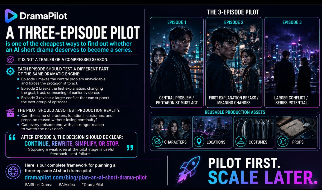 dramapilot's tweet photo. A three-episode pilot is one of the cheapest ways to find out whether an AI short drama deserves to become a series.

It is not a trailer or a compressed season. Each episode should test a different part of the same dramatic engine:

• Episode 1 makes the central problem unavoidable and forces the protagonist to act.
• Episode 2 breaks the first explanation, changing the goal, trust, or meaning of earlier evidence.
• Episode 3 reveals a larger conflict that can support the next group of episodes.

The pilot should also test production reality. Can the same characters, locations, costumes, and props be reused without losing continuity? Can every episode end with a stronger reason to watch the next one?

After Episode 3, the decision should be clear: continue, rewrite, simplify, or stop. Stopping a weak idea at the pilot stage is useful feedback—not failure.

Here is our complete framework for planning a three-episode AI short drama pilot:
https://t.co/Iiod7nXapJ

#AIShortDrama #AIVideo #DramaPilot