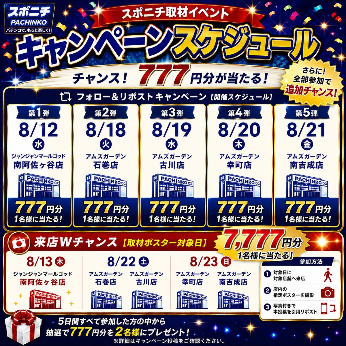 sponichipachi's tweet photo. 🎰🔥スポニチ取材イベント Xキャンペーン第1弾🔥🎰
本日8/12（水）限定✨
抽選で1名様にQUOカードPay 777円分が当たる🎁

▼応募方法
① @sponichipachi をフォロー
② @0505janasagaya1 をフォロー
③ この投稿をリポスト🔁

さらに‼️
全5回のフォロー＆リポストキャンペーンすべてに参加すると、抽選で2名様に777円分をプレゼント🎁
第1弾から参加してコンプリートを目指そう🔥
⏰応募は本日中まで！
#スポニチ取材イベント #Xキャンペーン