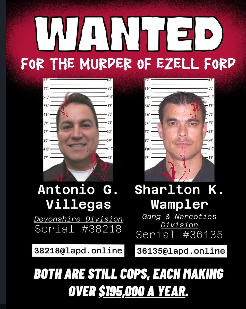 FoxyMarxist's tweet photo. These two are the LAPD murderers of Ezell Ford, a Black man who they murdered 12 years ago today, two days after the murder of Michael Brown.

They are currently getting nearly HALF A MILLION DOLLARS ANNUALLY and still roaming the streets of Los Angeles

NO ACCOUNTABILITY https://t.co/7UBduFqEwu