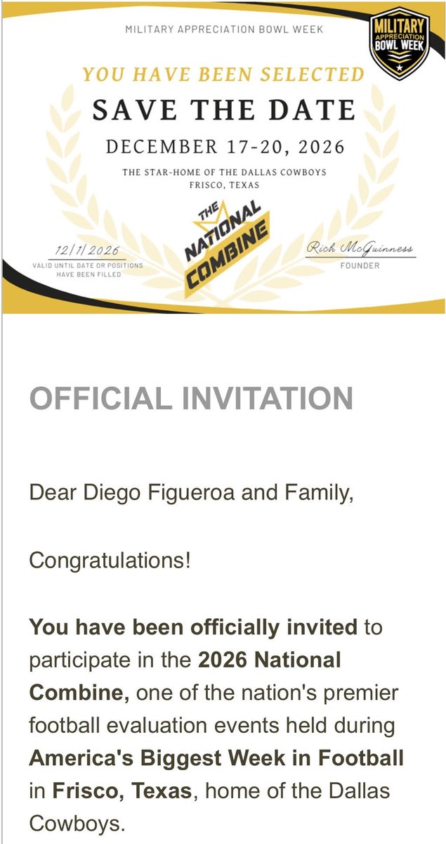 DiegoMFigueroaB's tweet photo. Honored to be invited to the Military Appreciation Bowl Week National Combine this December. Grateful for the opportunity to compete, represent, and continue chasing the dream. #MilitaryAppreciationBowl #NationalCombine https://t.co/Kxos5MwKRR