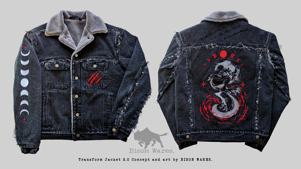 BisonWares's tweet photo. Transform jacket 🐺🌕🩸

A stretch goal for the Kickstarter coming up in just 4 days! 

Frayed edges, jacket variants, and a removable Sherpa lining 🌘✨ 

Check out the pre-launch page! ⬇️ https://t.co/aduSmB0B2T