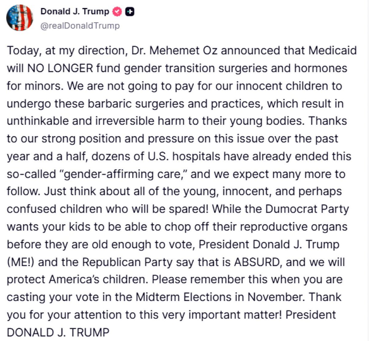 visegrad24's tweet photo. Trump announces that Medicaid will no longe fund gender transition surgeries and hormones for minority https://t.co/MwTXAuN09M