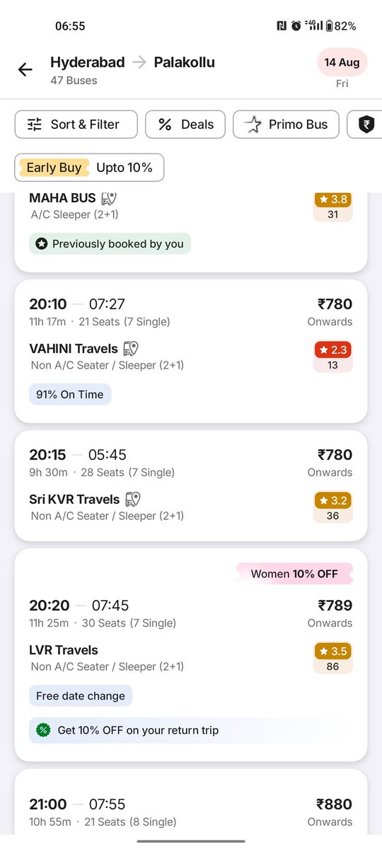 DevaSudabathula's tweet photo. 🚨 SYSTEMIC SCAM Across ALL Private Bus Operators in AP &amp; TG!
1️⃣ Fake Low Rates: Almost ALL operators display fake starting prices (₹780/₹990) on search pages, but standard seats cost ₹1,400–₹1,700!
2️⃣ Festival Gouging: Prices hiked 2x–3x industry-wide during holidays! https://t.co/LyHtVtjjwp