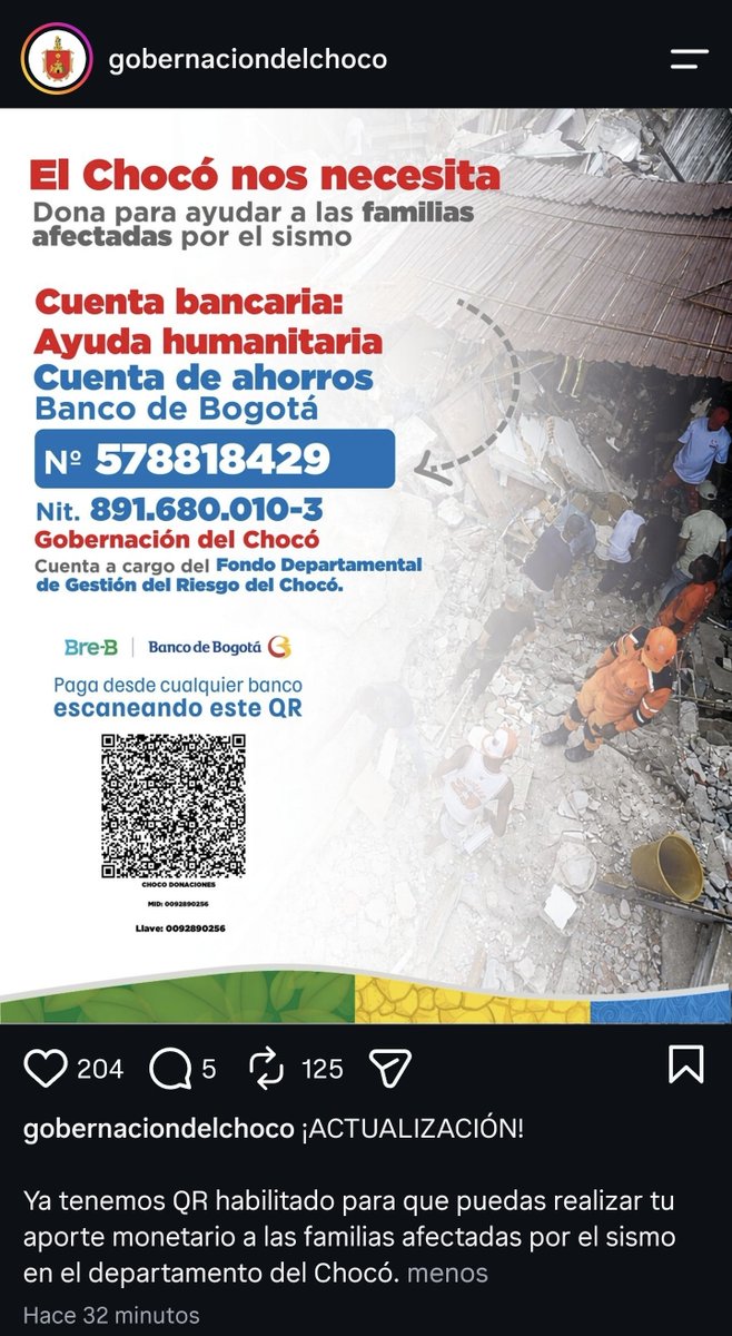 ColdplayColombi's tweet photo. ✅️ Actualización✅️
La gobernación  del Chocó  Acaba de actualizar los medios para donaciones  por medio de QR https://t.co/21zLEORGRx