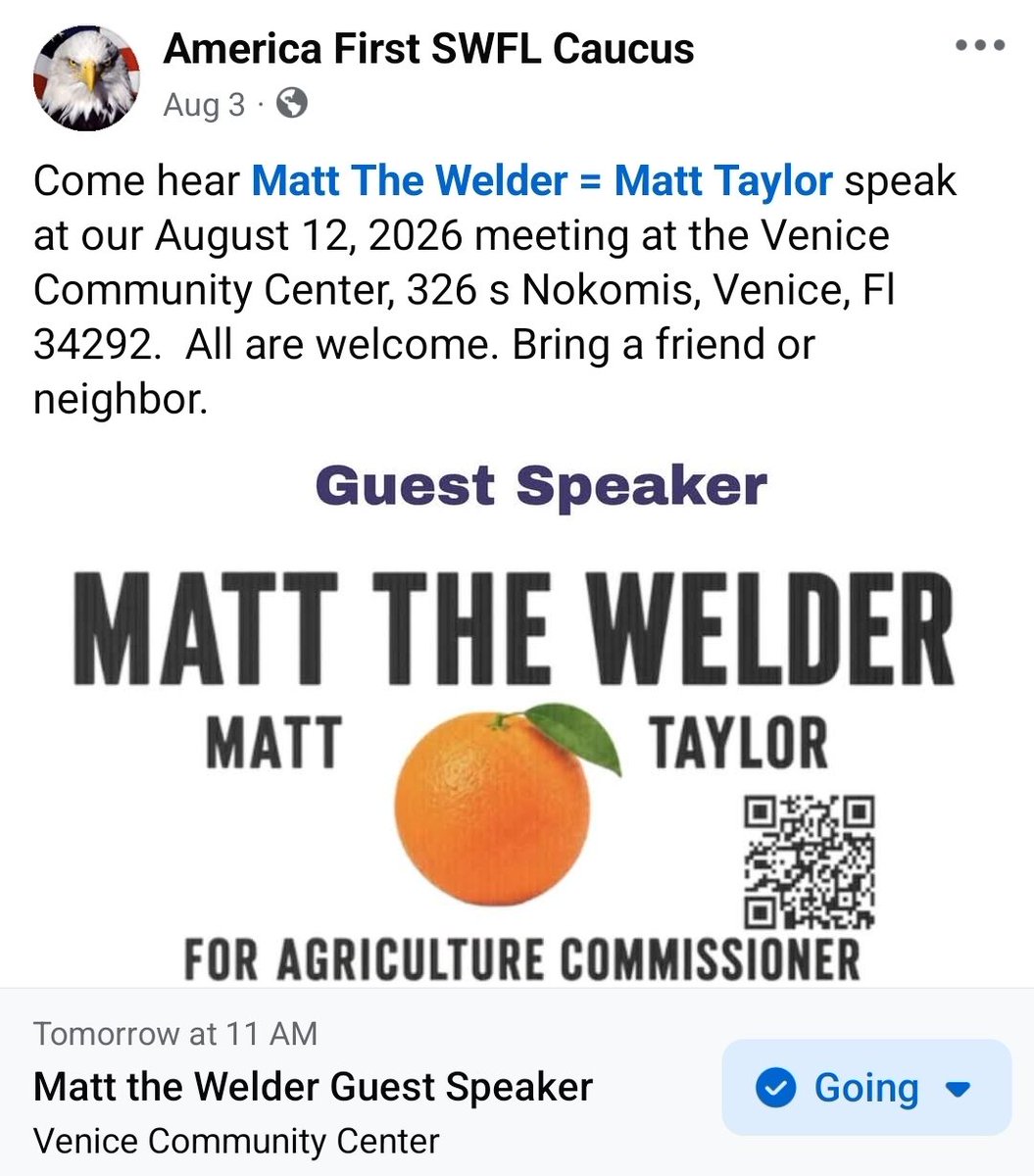 SRQMAGAPatriots's tweet photo. @Matt_The_Welder is the guest speaker at tomorrow's America First SWFL Caucus meeting at 11AM in Venice FL. Stop by and learn about Matt and his platform. https://t.co/OmQirWyqDQ