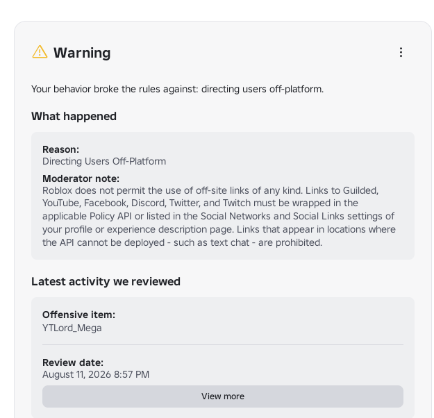 LordMega10's tweet photo. Got banned for having YT in my name... W roblox moderation. https://t.co/3pLqT09eGp
