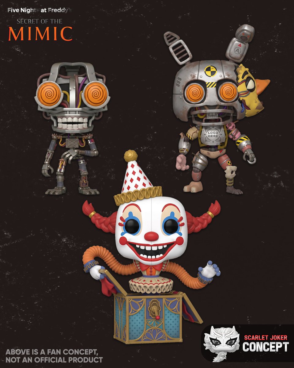 ScarletJokerTWT's tweet photo. Funko Pop! FNAF: Secret of the Mimic The Mimic, Jackie, and M2RND Concepts
#Funko #FunkoPop #FiveNightsAtFreddys #FNAF https://t.co/5kENvHu65E