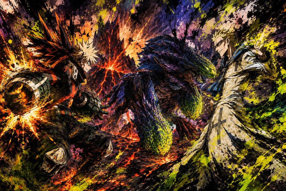 Aidry_form's tweet photo. 爆豪勝己&amp;ゲンスルーVSブラキディオス
#aiイラストㅤㅤㅤㅤ 
#ai画像生成 https://t.co/sZ6BRfxeIC