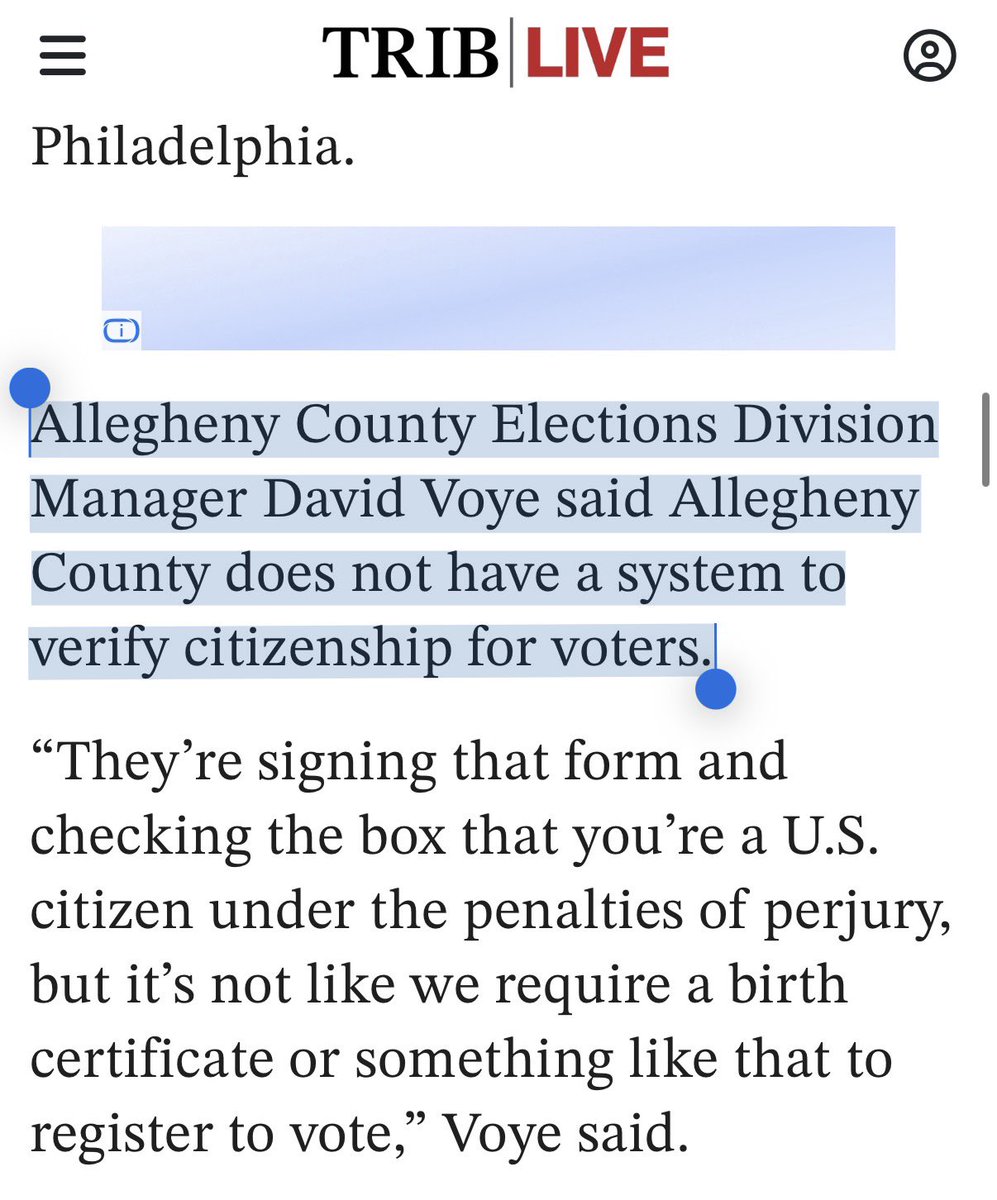 ScottPresler's tweet photo. The second-largest county in Pennsylvania does NOT verify the citizenship of voters it registers:
“Allegheny County Elections Division Manager David Voye said Allegheny County does not have a system to verify citizenship for voters.” https://t.co/qiR0fx906O