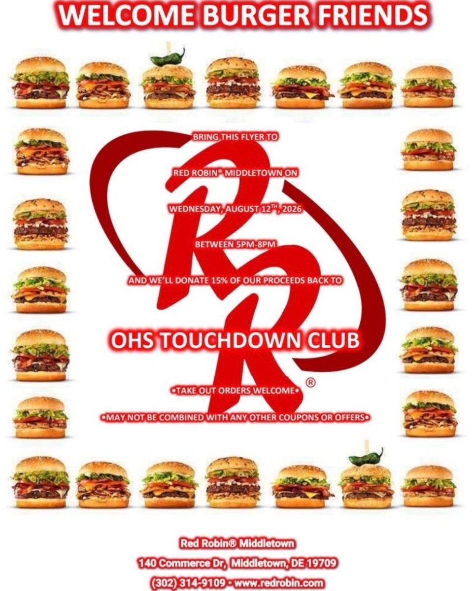 DuckNationFB's tweet photo. 🏈 TOMORROW! 🏈

Our next Touchdown Club sponsored event is coming up, and we want to see YOU there! 💚💛

🍔 Dine to Donate at Red Robin Middletown
📅 Wednesday, August 12th
⏰ 5:00 PM – 8:00 PM
📍 Red Robin Middletown

Come grab dinner &amp; support Ducks Football! https://t.co/JJubGd5t0f