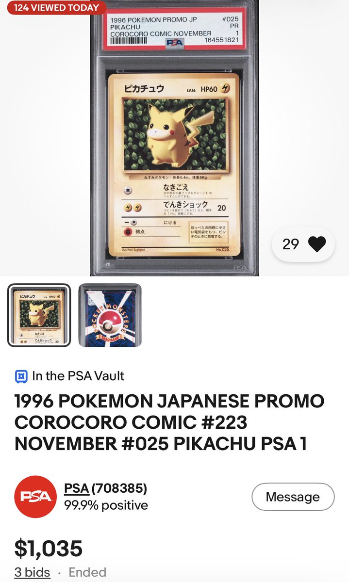 ProfVictini's tweet photo. The recent surge in lower PSA grade of the Corocoro Pikachu is cooling off the market. 

A PSA1 just finished auction with only 3 bids, and ended at $1,035.

There are now 392 cards in PSA1. Price doesn’t really affect the higher PSA grades though. https://t.co/8LSEtAL4t8