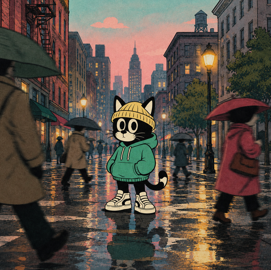 MEWLOSOL's tweet photo. Nobody knows where MEWLO came from. One rainy morning, a little black cat in an oversized green hoodie and yellow beanie simply appeared in the city while everyone else kept running somewhere. 

#MEWLO #Solana #Pump https://t.co/taR5kCWD48