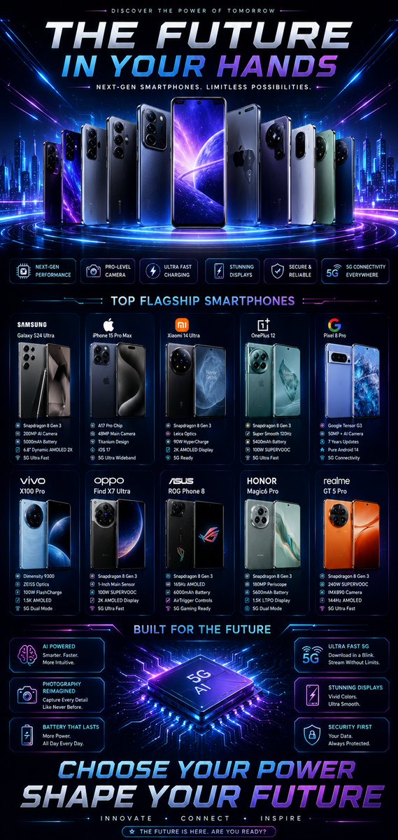 Moris_Ai0's tweet photo. The future is in your hands! ⚡️📱

​Next-gen performance, AI power, and

 pro-level cameras—all packed into these 

top flagships. 🔥

​Which one of these beasts are you picking 

to shape your future? 👇

​#Smartphones #Tech #Flagship #AI #NextGen https://t.co/YRCkkc1oaO